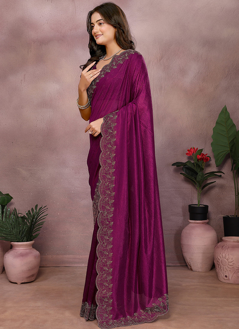 Vellora Wine Lycra Swarovski Stone Work Party Wear Saree | Grocsy