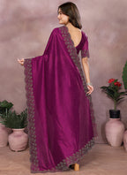 Vellora Wine Lycra Swarovski Stone Work Party Wear Saree | Grocsy