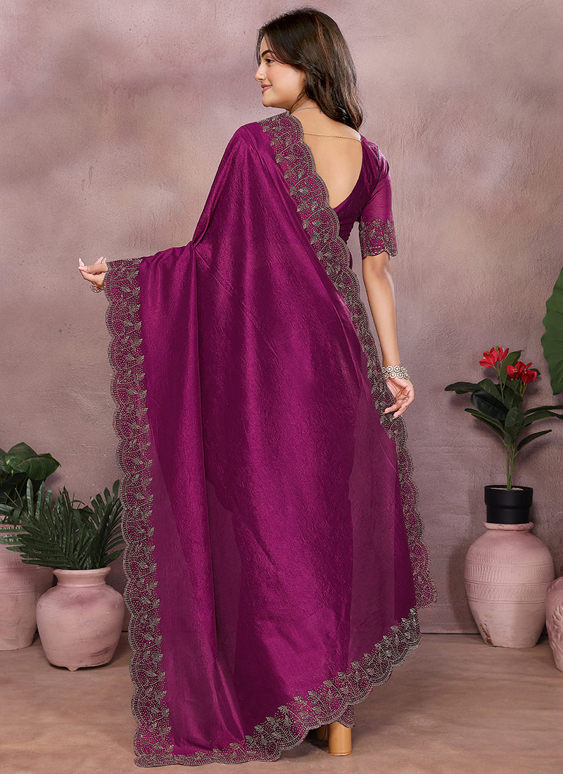 Vellora Wine Lycra Swarovski Stone Work Party Wear Saree | Grocsy