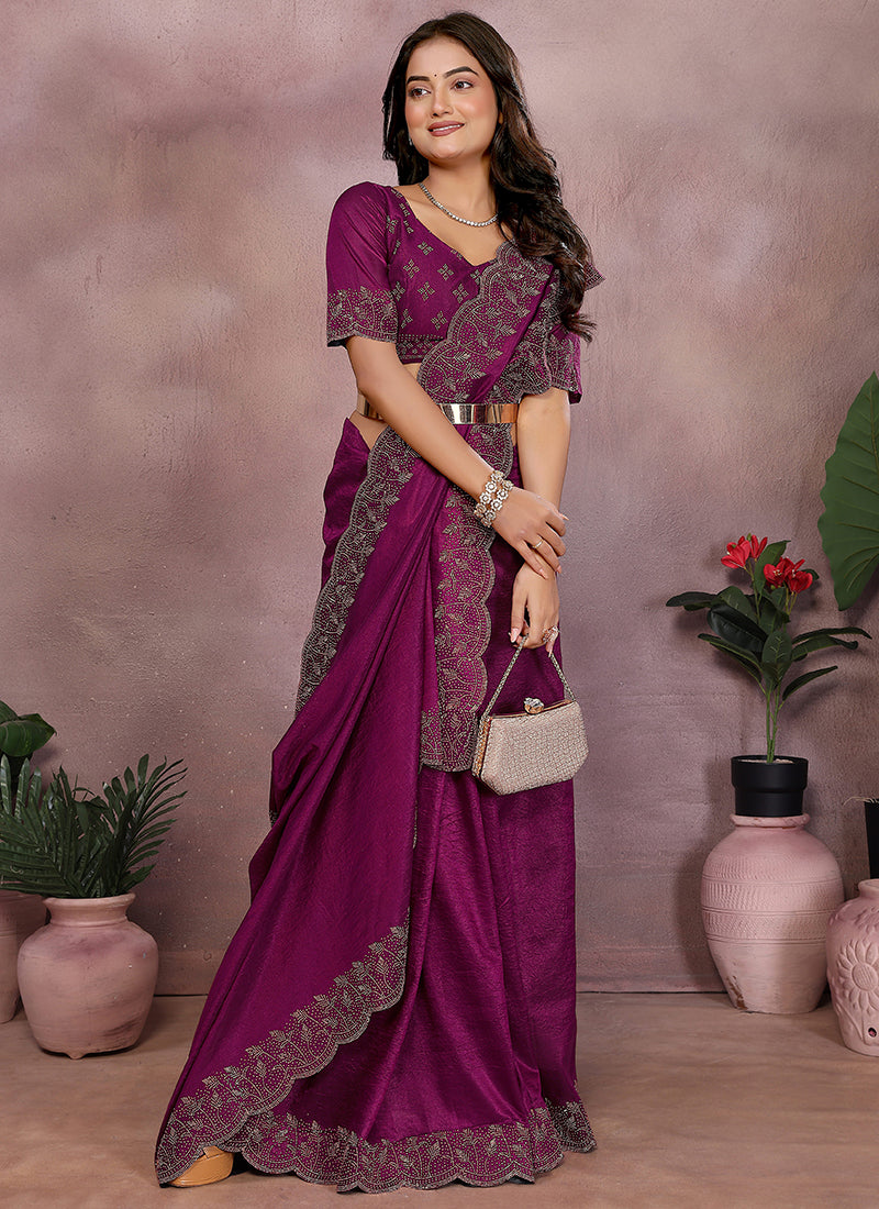 Vellora Wine Lycra Swarovski Stone Work Party Wear Saree | Grocsy