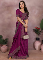 Vellora Wine Lycra Swarovski Stone Work Party Wear Saree | Grocsy