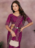 Vellora Wine Lycra Swarovski Stone Work Party Wear Saree | Grocsy