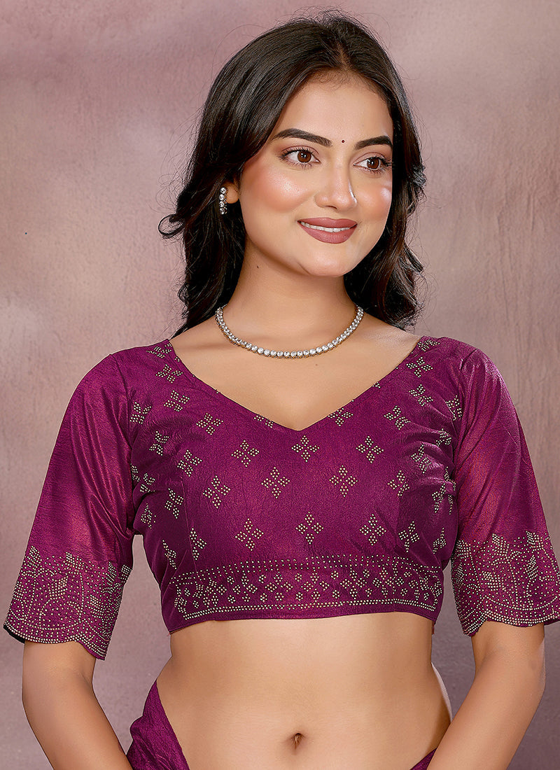 Vellora Wine Lycra Swarovski Stone Work Party Wear Saree | Grocsy