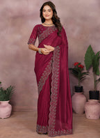Vellora Maroon Lycra Swarovski Stone Work Designer Saree | Grocsy