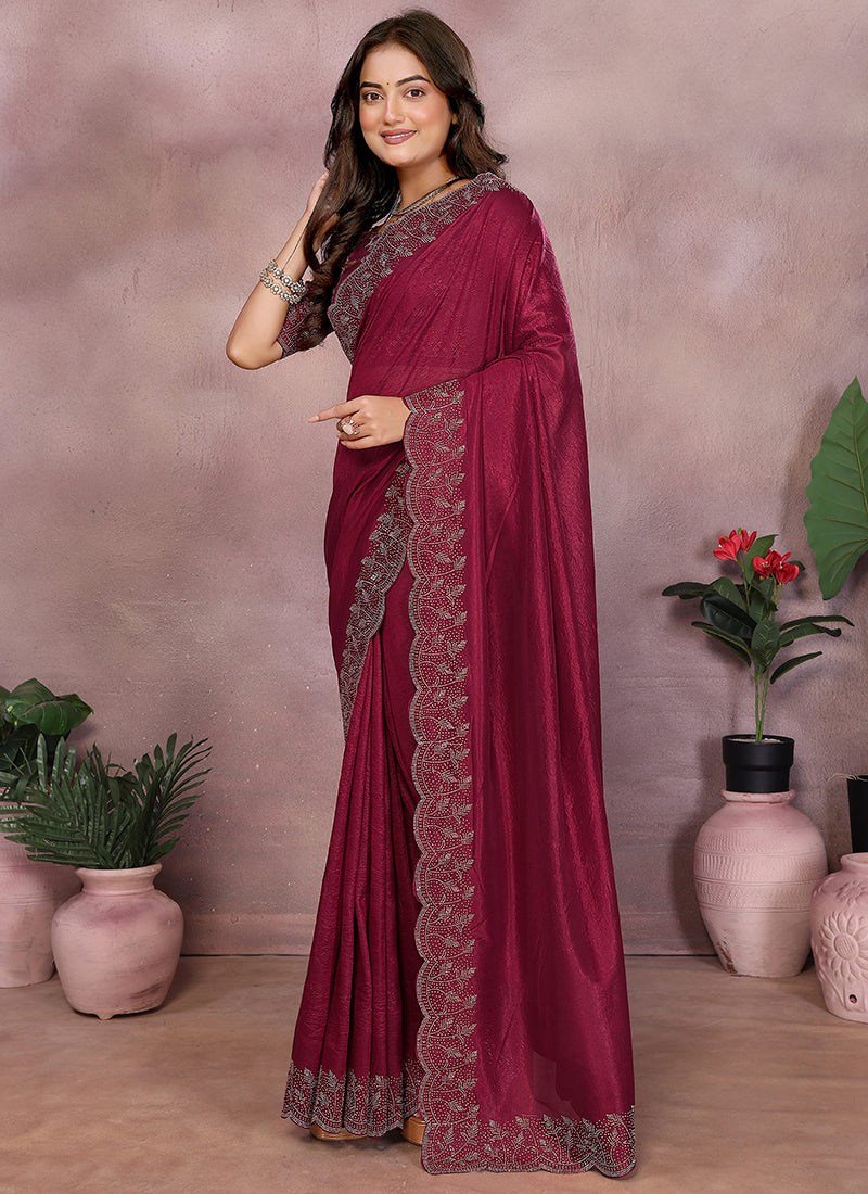 Vellora Maroon Lycra Swarovski Stone Work Designer Saree | Grocsy