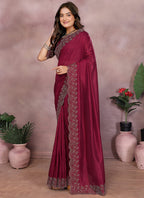 Vellora Maroon Lycra Swarovski Stone Work Designer Saree | Grocsy