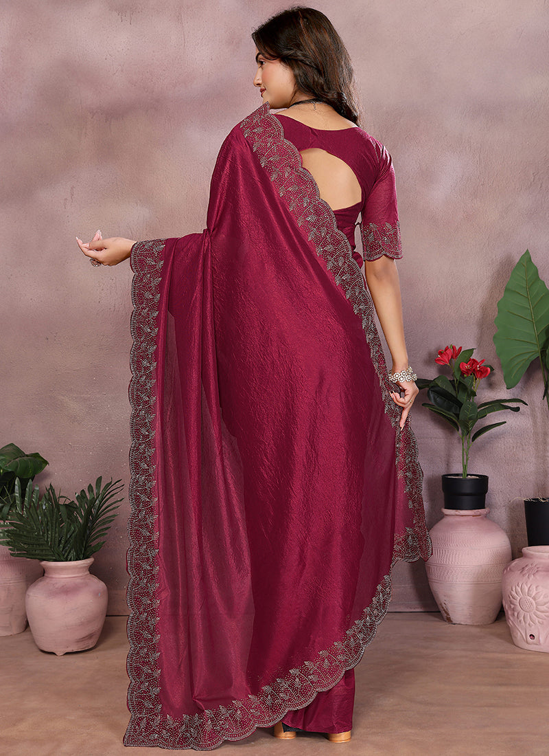 Vellora Maroon Lycra Swarovski Stone Work Designer Saree | Grocsy