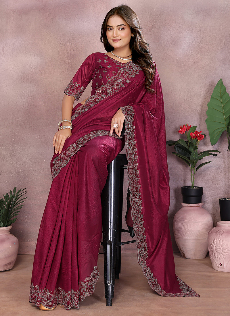 Vellora Maroon Lycra Swarovski Stone Work Designer Saree | Grocsy
