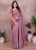 Vellora Dusty Pink Vichitra Silk Embroidery Work Saree | Grocsy