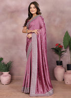 Vellora Dusty Pink Vichitra Silk Embroidery Work Saree | Grocsy