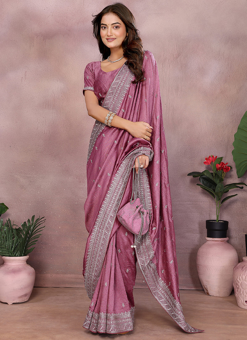 Vellora Dusty Pink Vichitra Silk Embroidery Work Saree | Grocsy