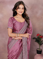 Vellora Dusty Pink Vichitra Silk Embroidery Work Saree | Grocsy
