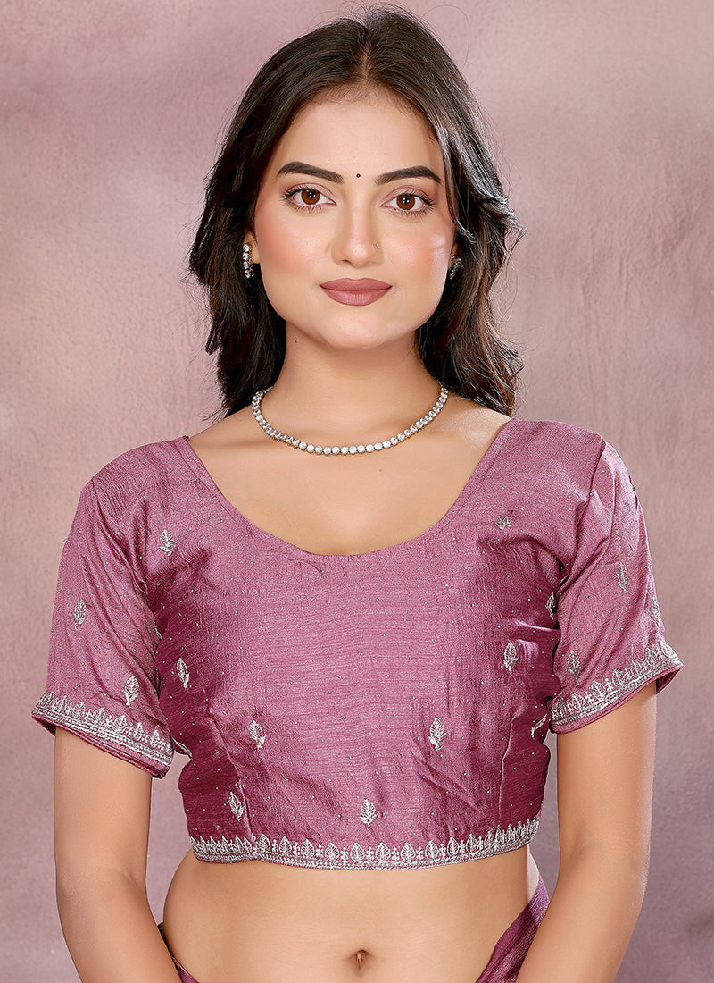Vellora Dusty Pink Vichitra Silk Embroidery Work Saree | Grocsy