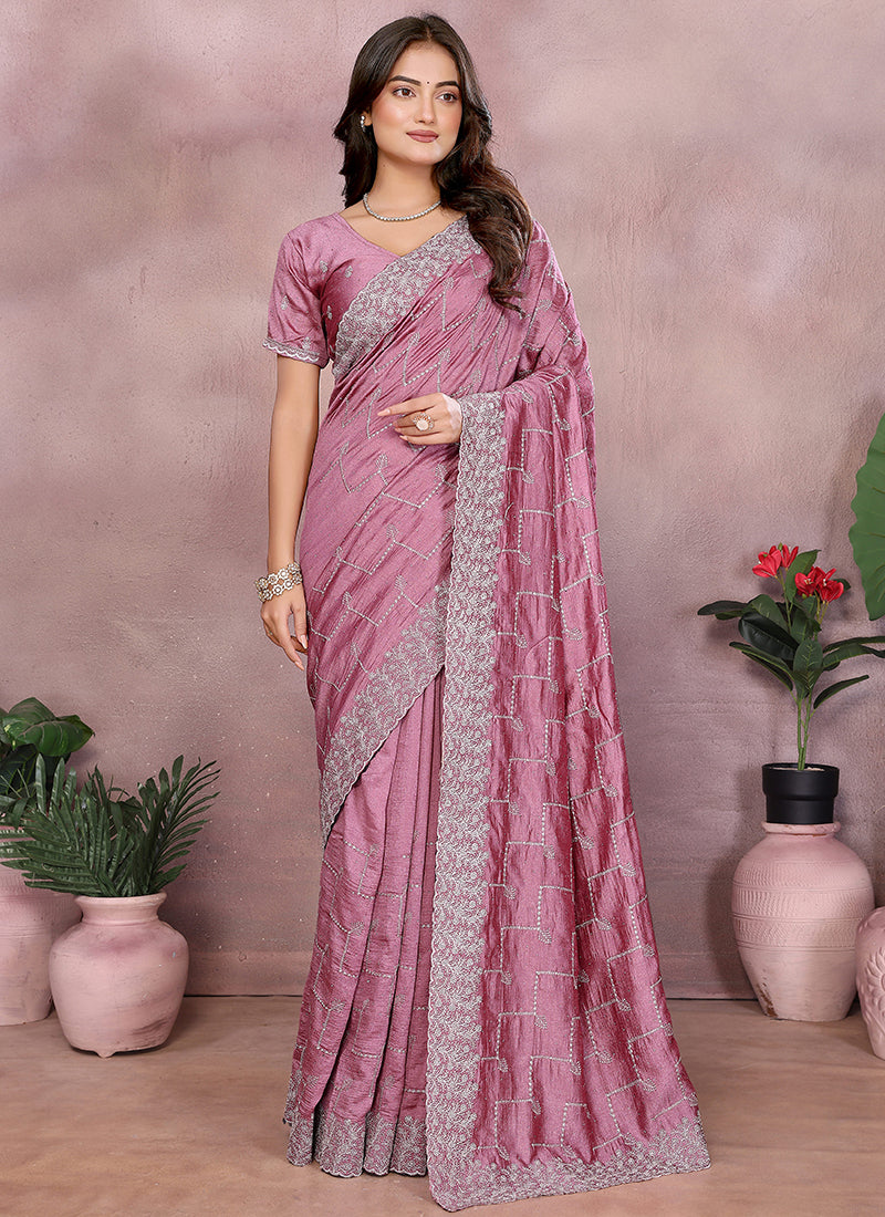 Vellora Dusty Pink Vichitra Silk Embroidery Work Designer Saree | Grocsy