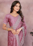Vellora Dusty Pink Vichitra Silk Embroidery Work Designer Saree | Grocsy