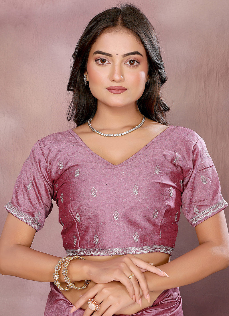 Vellora Dusty Pink Vichitra Silk Embroidery Work Designer Saree | Grocsy