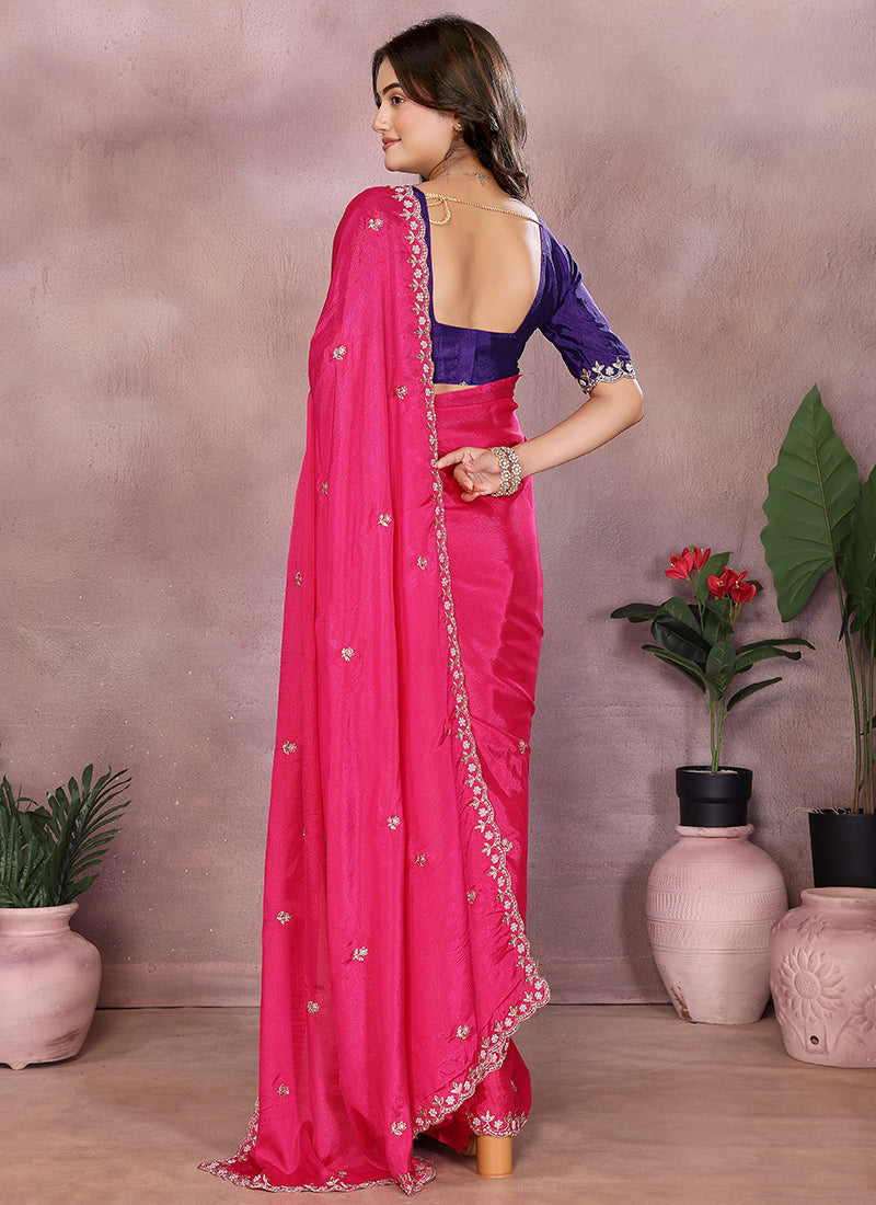Vellora Rani Chinon Embroidery & Hand Moti Work Saree | Grocsy