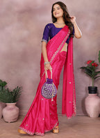 Vellora Rani Chinon Embroidery & Hand Moti Work Saree | Grocsy