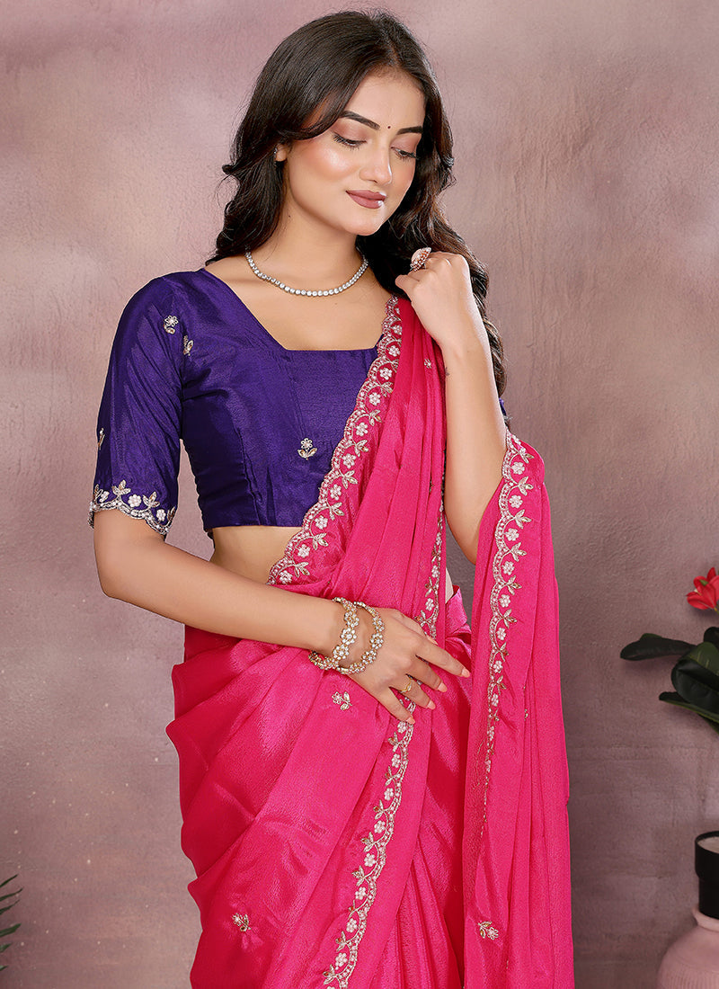 Vellora Rani Chinon Embroidery & Hand Moti Work Saree | Grocsy