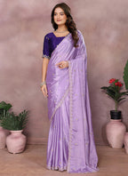 Vellora Purple Chinon Embroidery & Hand Moti Work Saree | Grocsy