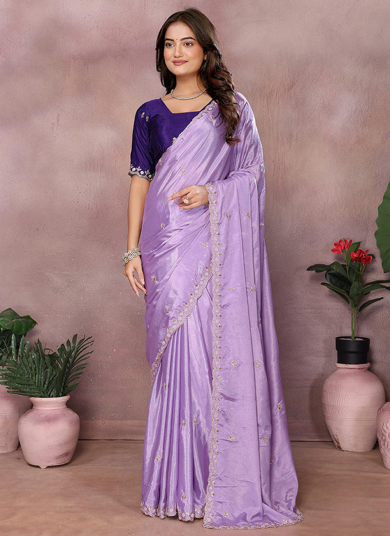 Vellora Purple Chinon Embroidery & Hand Moti Work Saree | Grocsy