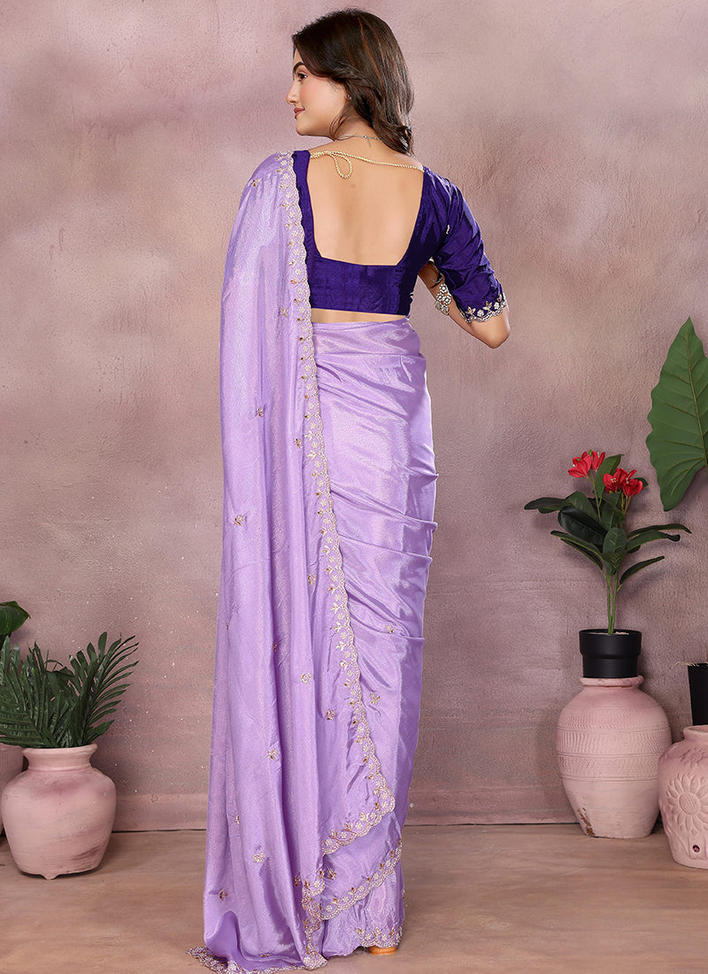 Vellora Purple Chinon Embroidery & Hand Moti Work Saree | Grocsy