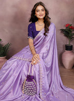 Vellora Purple Chinon Embroidery & Hand Moti Work Saree | Grocsy