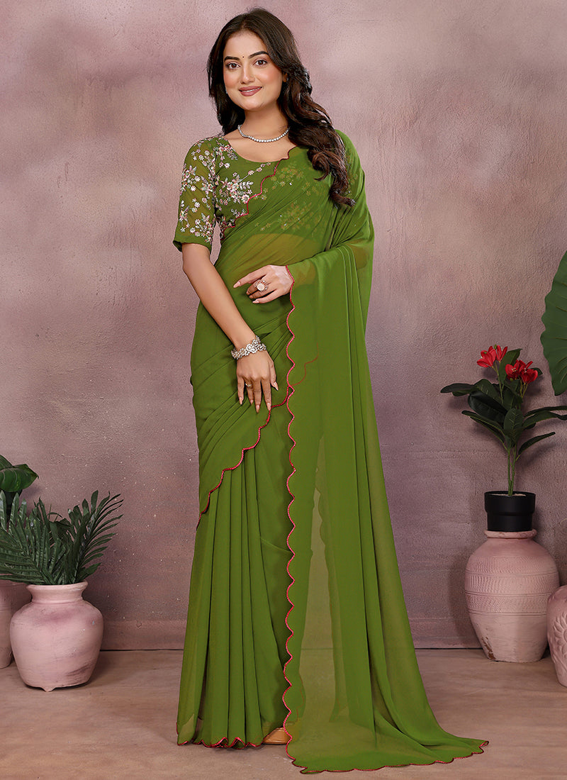Vellora Mehendi Green Georgette Sequin Work Saree | Grocsy