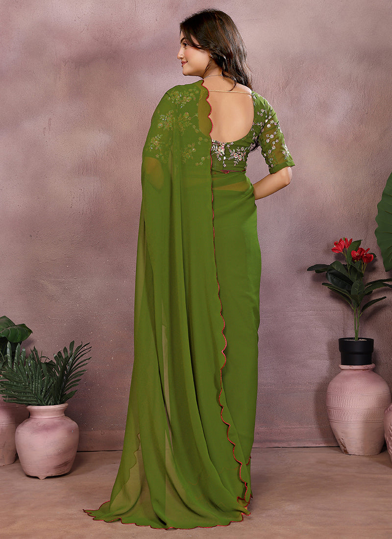 Vellora Mehendi Green Georgette Sequin Work Saree | Grocsy