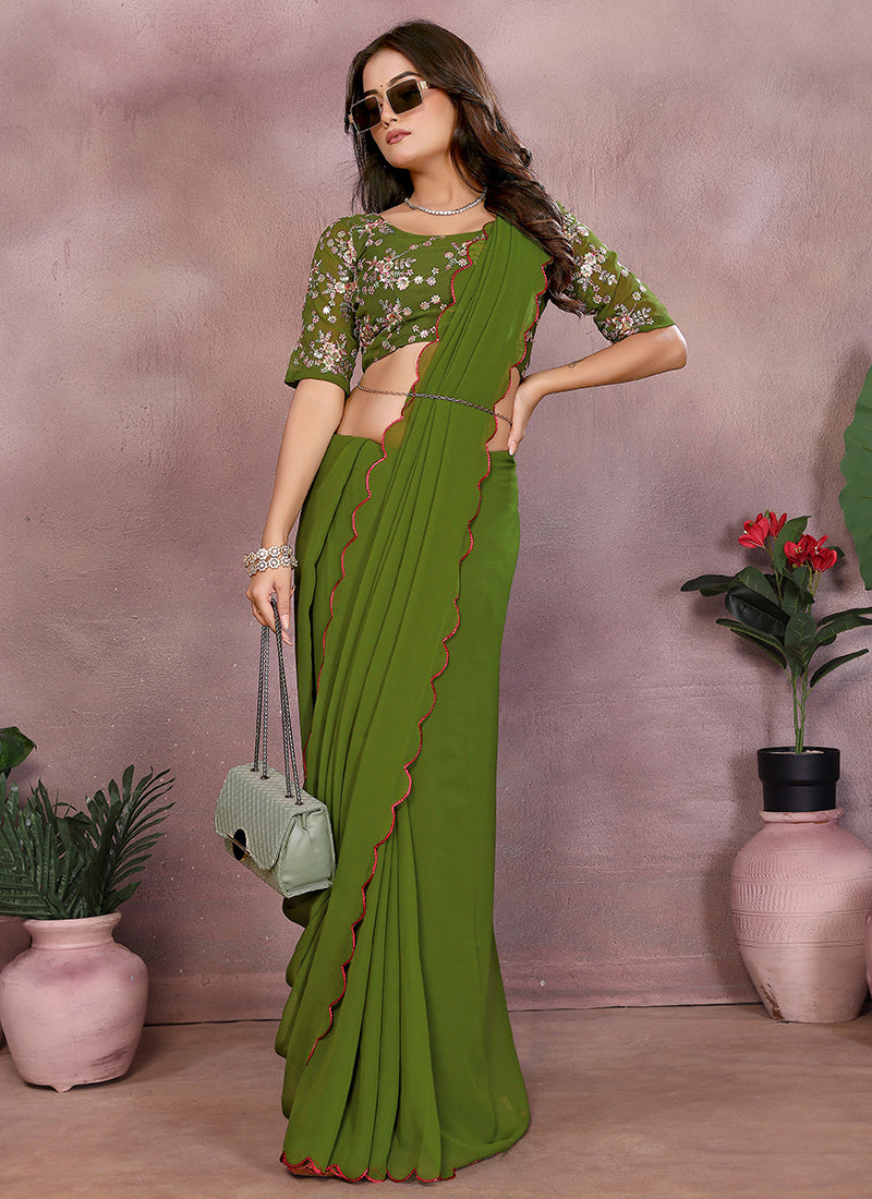 Vellora Mehendi Green Georgette Sequin Work Saree | Grocsy