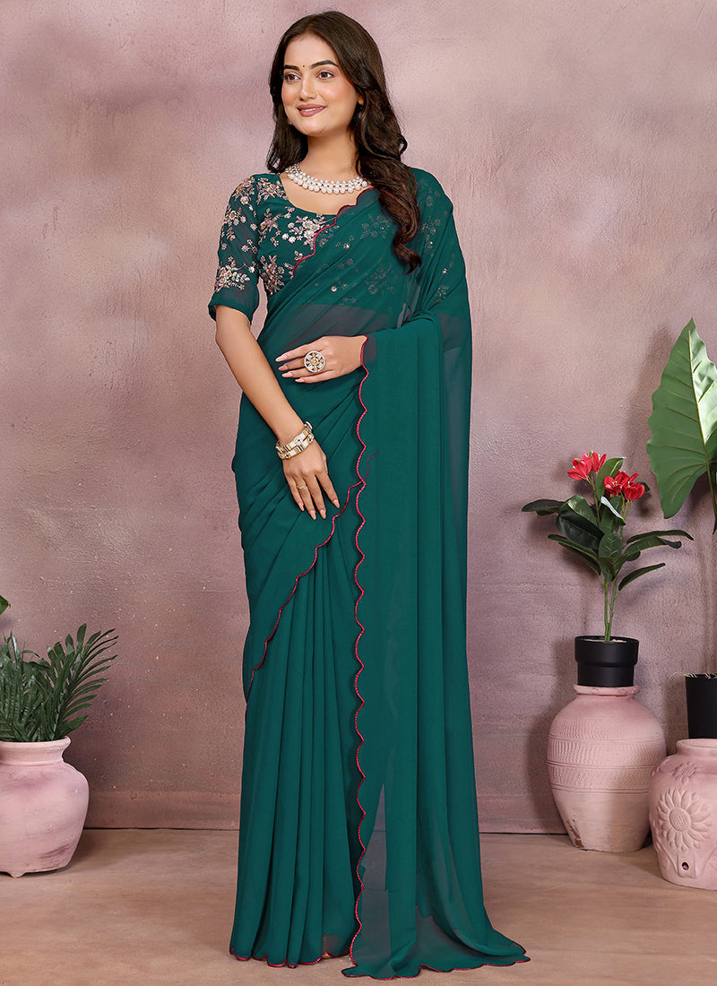 Vellora Rama Green Georgette Sequin Work Saree | Grocsy