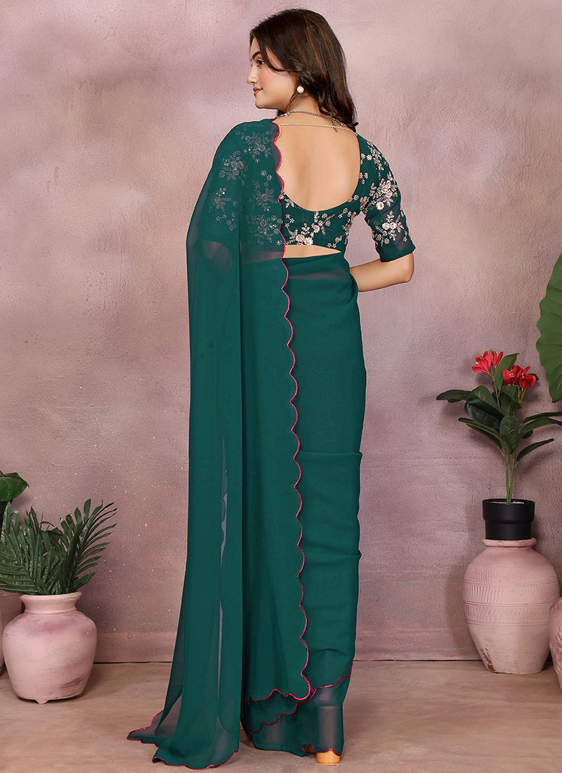 Vellora Rama Green Georgette Sequin Work Saree | Grocsy
