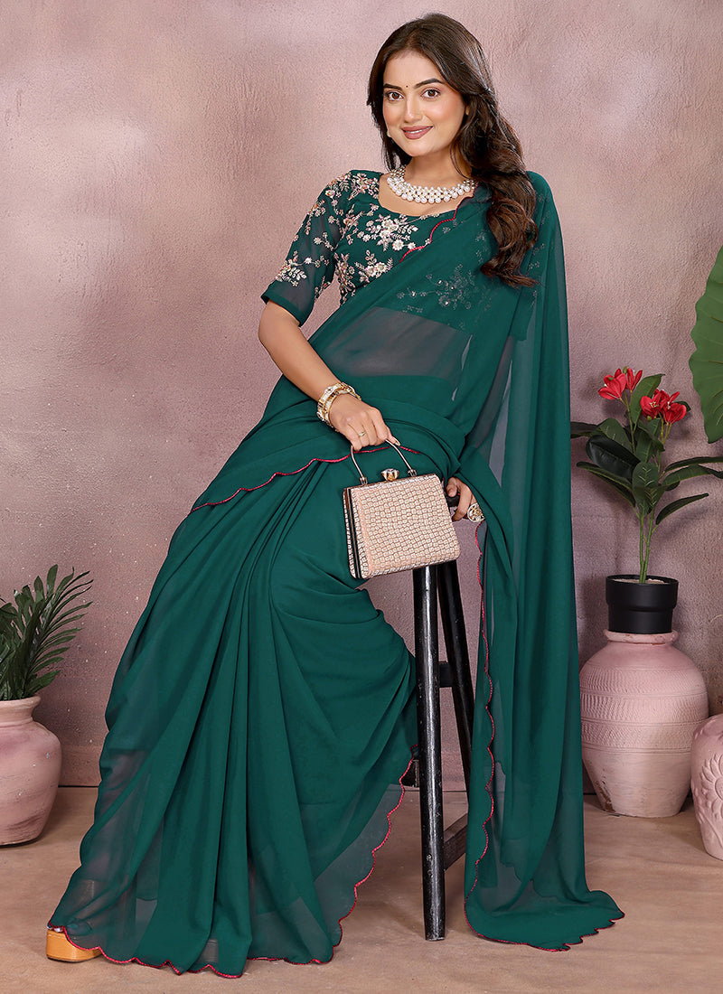 Vellora Rama Green Georgette Sequin Work Saree | Grocsy