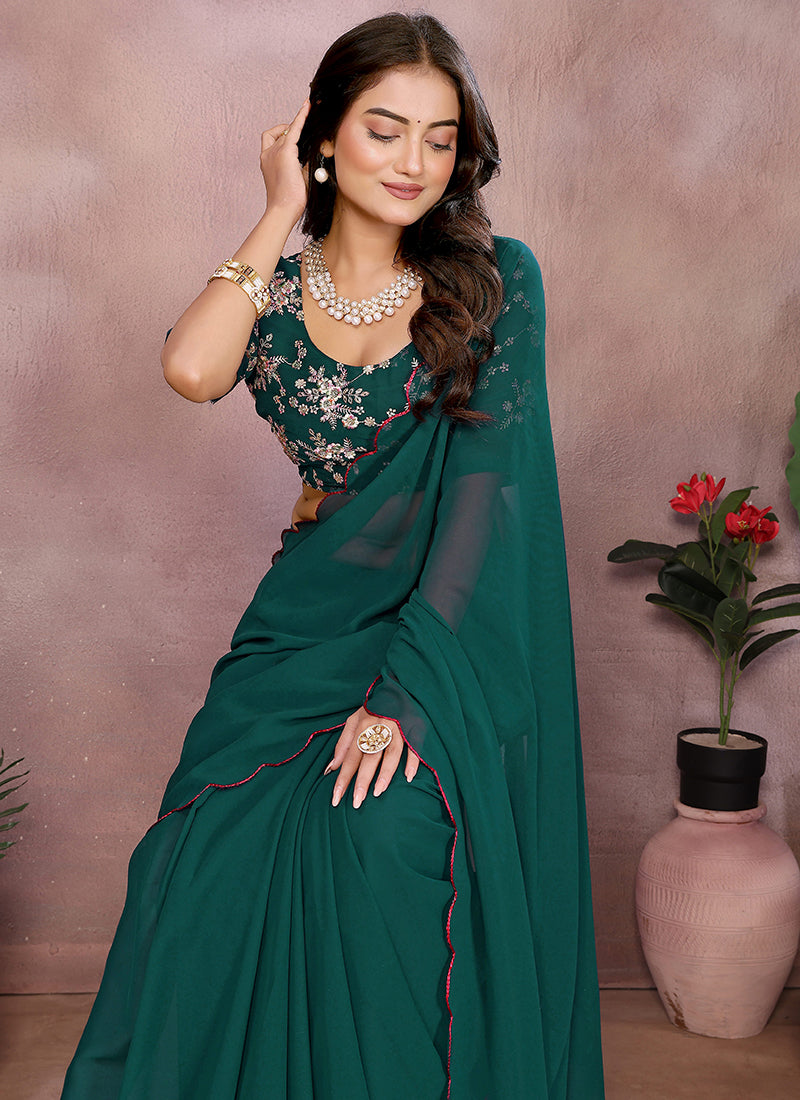 Vellora Rama Green Georgette Sequin Work Saree | Grocsy