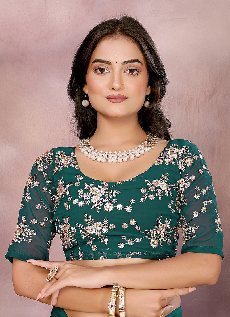 Vellora Rama Green Georgette Sequin Work Saree | Grocsy
