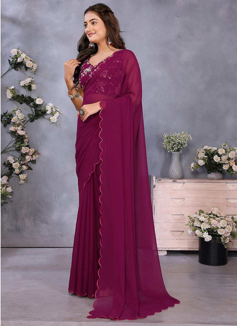 Vellora Wine Georgette Sequin Work Party Saree | Grocsy