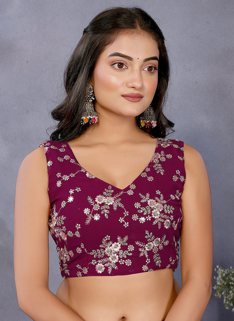 Vellora Wine Georgette Sequin Work Party Saree | Grocsy