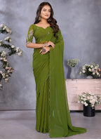 Vellora Mehendi Georgette Embroidery Zari Work Saree | Grocsy