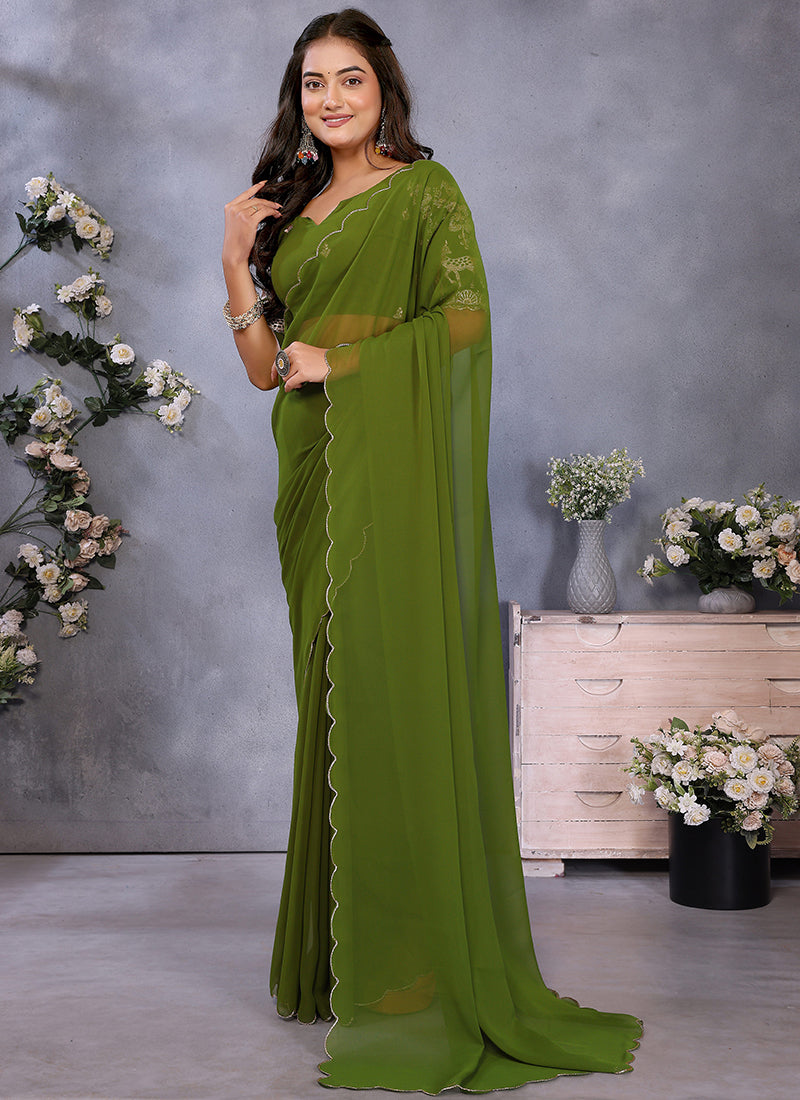 Vellora Mehendi Georgette Embroidery Zari Work Saree | Grocsy
