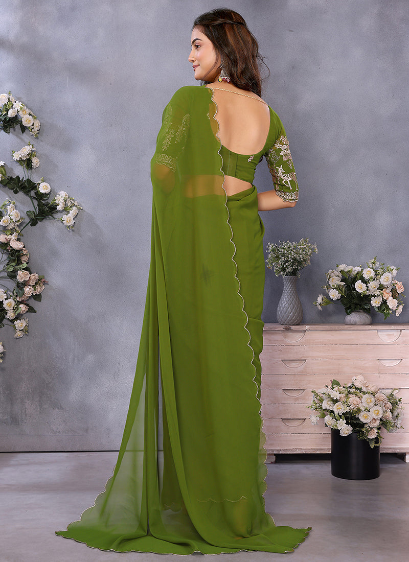Vellora Mehendi Georgette Embroidery Zari Work Saree | Grocsy