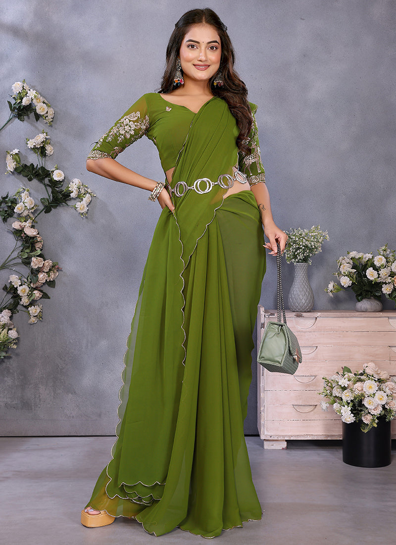 Vellora Mehendi Georgette Embroidery Zari Work Saree | Grocsy