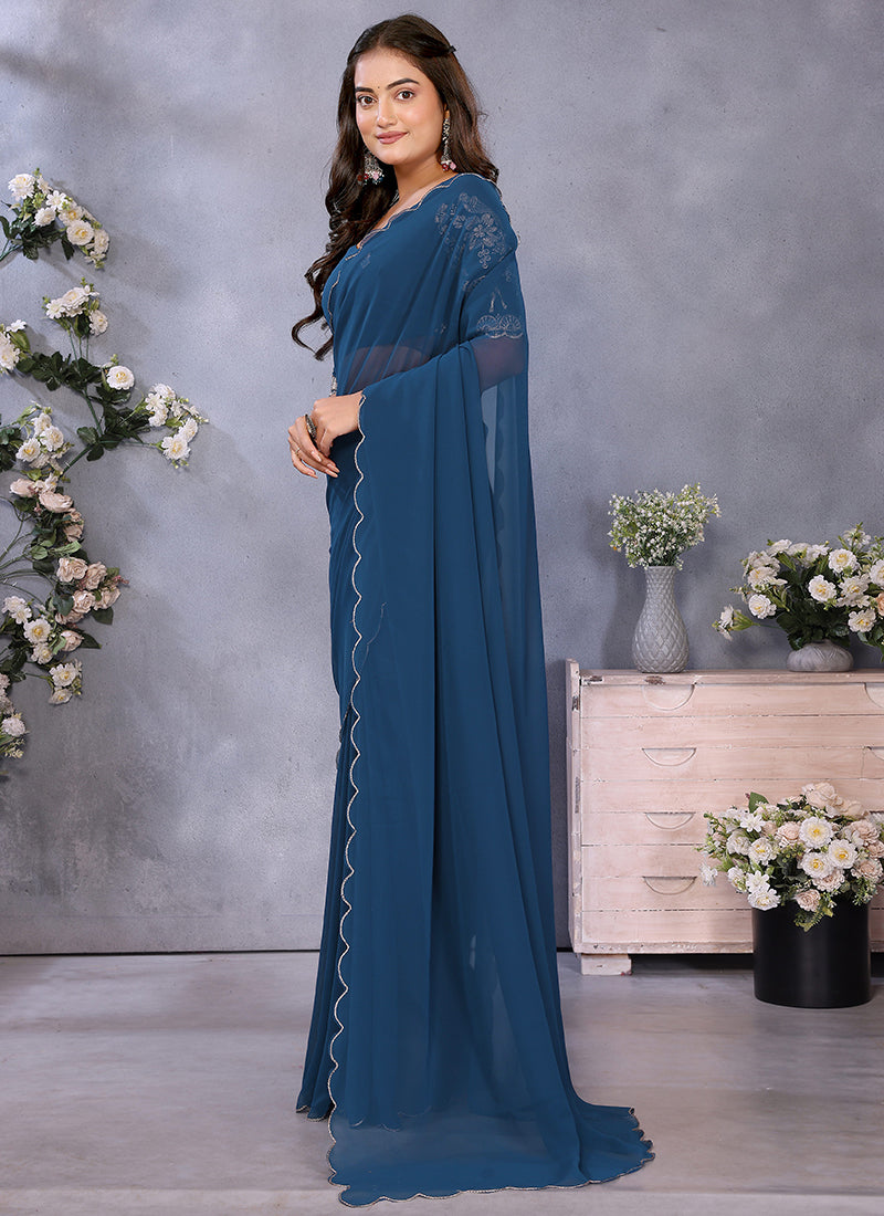 Vellora Navy Blue Georgette Embroidery Zari Work Saree | Grocsy
