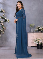 Vellora Navy Blue Georgette Embroidery Zari Work Saree | Grocsy