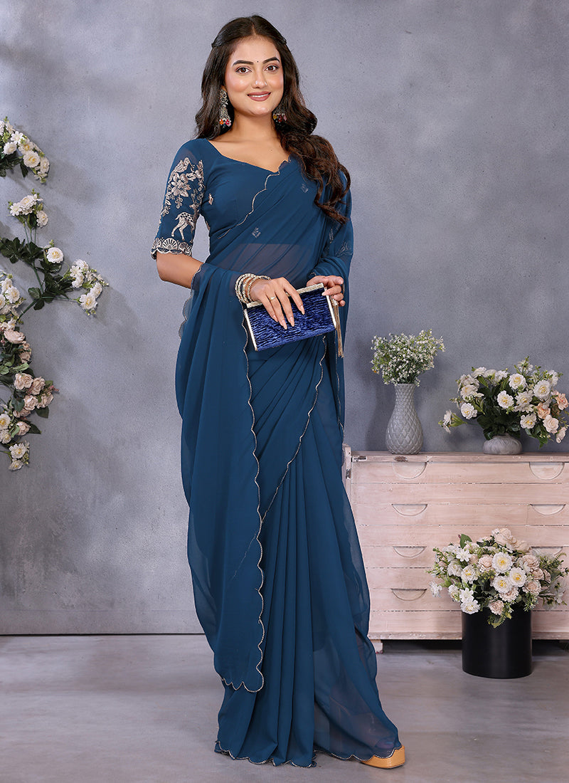 Vellora Navy Blue Georgette Embroidery Zari Work Saree | Grocsy