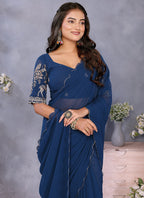 Vellora Navy Blue Georgette Embroidery Zari Work Saree | Grocsy