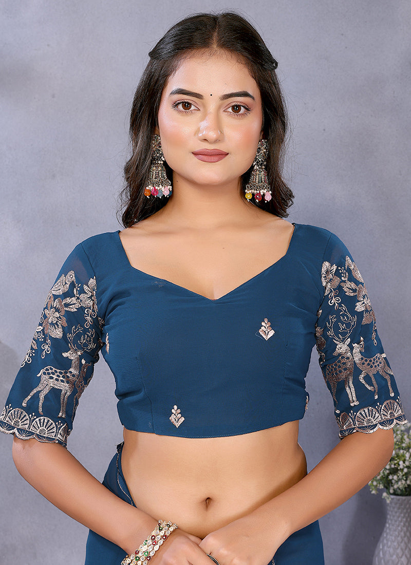 Vellora Navy Blue Georgette Embroidery Zari Work Saree | Grocsy