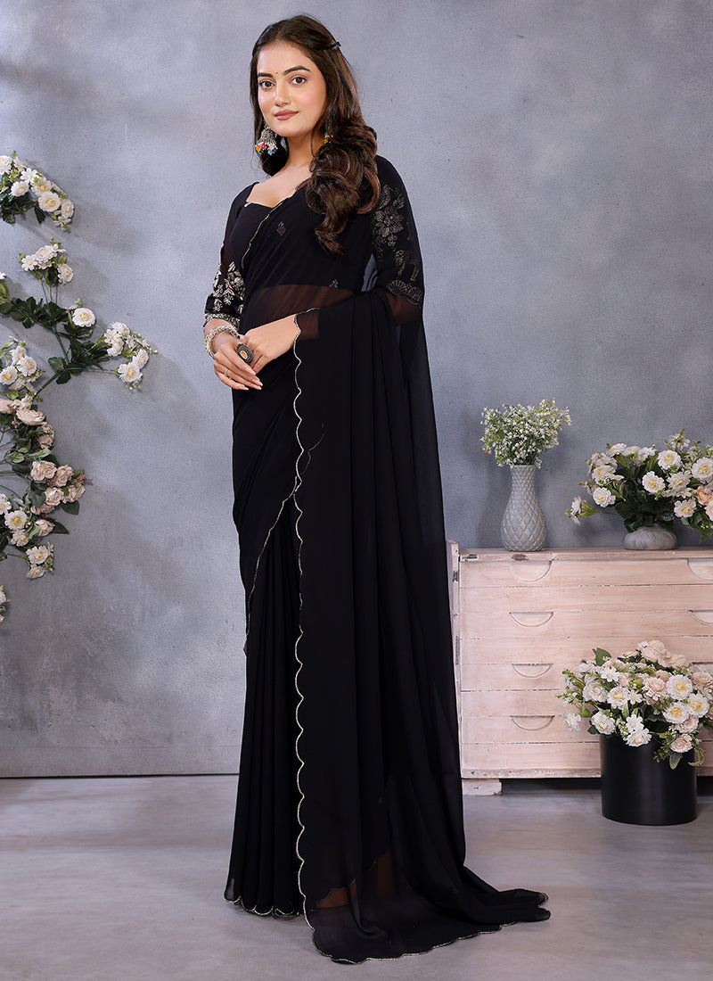 Vellora Black Georgette Embroidery Zari Work Saree | Grocsy