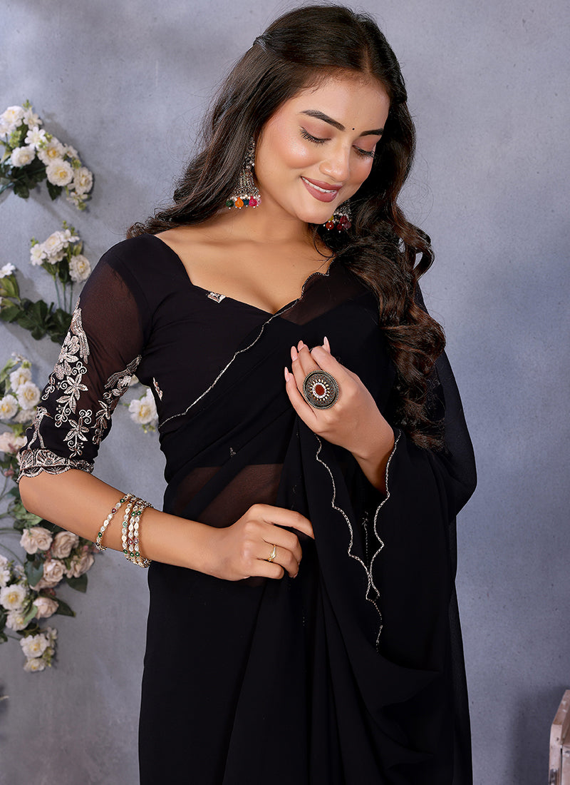Vellora Black Georgette Embroidery Zari Work Saree | Grocsy