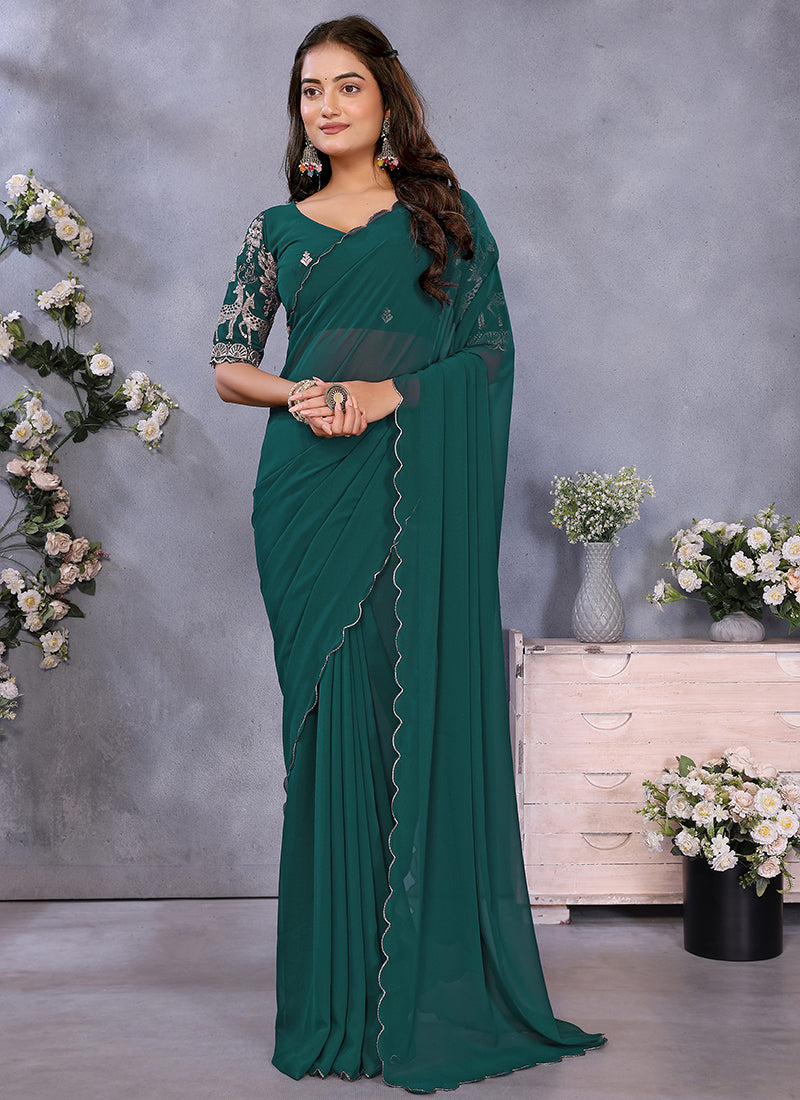 Vellora Rama Green Georgette Embroidery Zari Work Saree | Grocsy