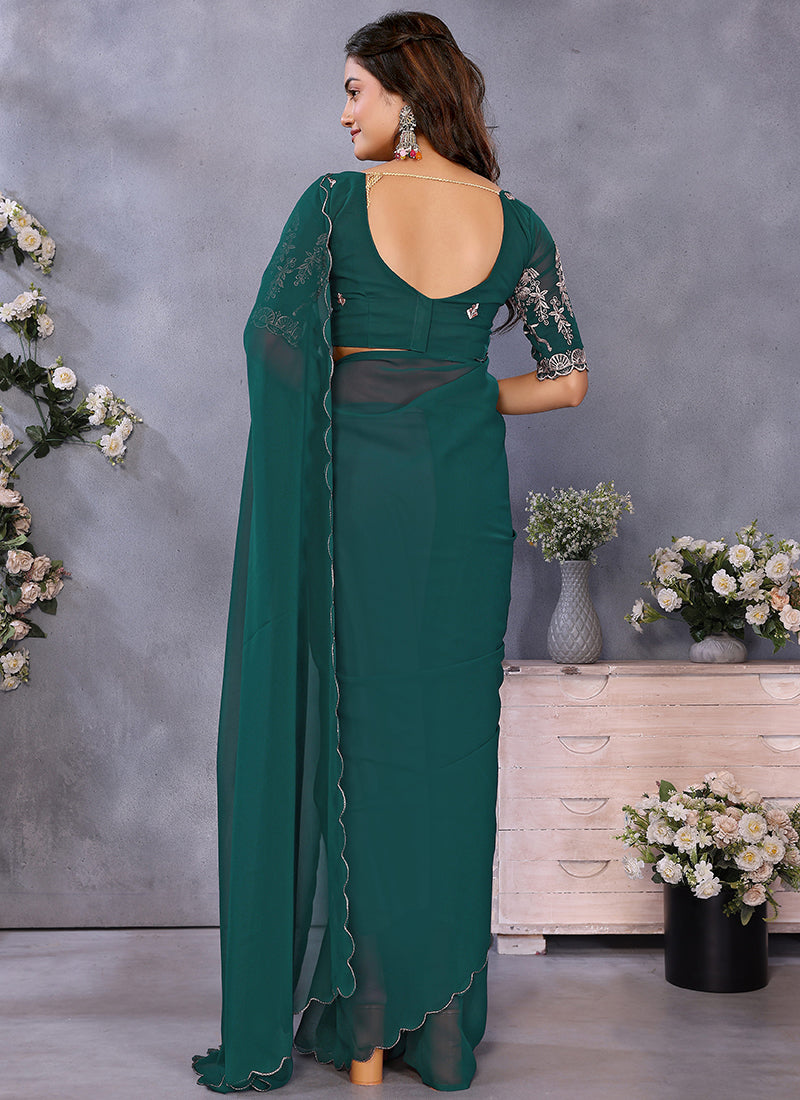 Vellora Rama Green Georgette Embroidery Zari Work Saree | Grocsy